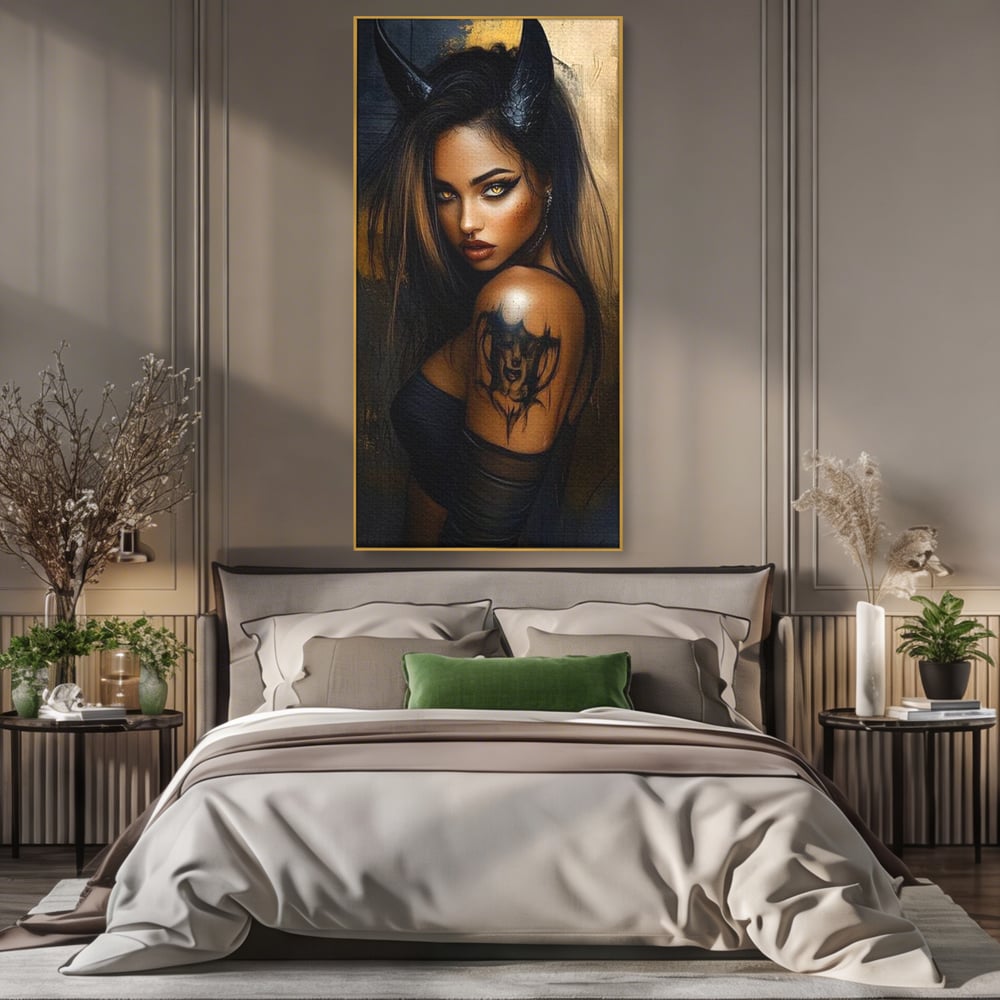 Tablou canvas cu tablou canvas cu portret de femeie demon, in rama de aluminiu auriu, pe perete intr-un dormitor